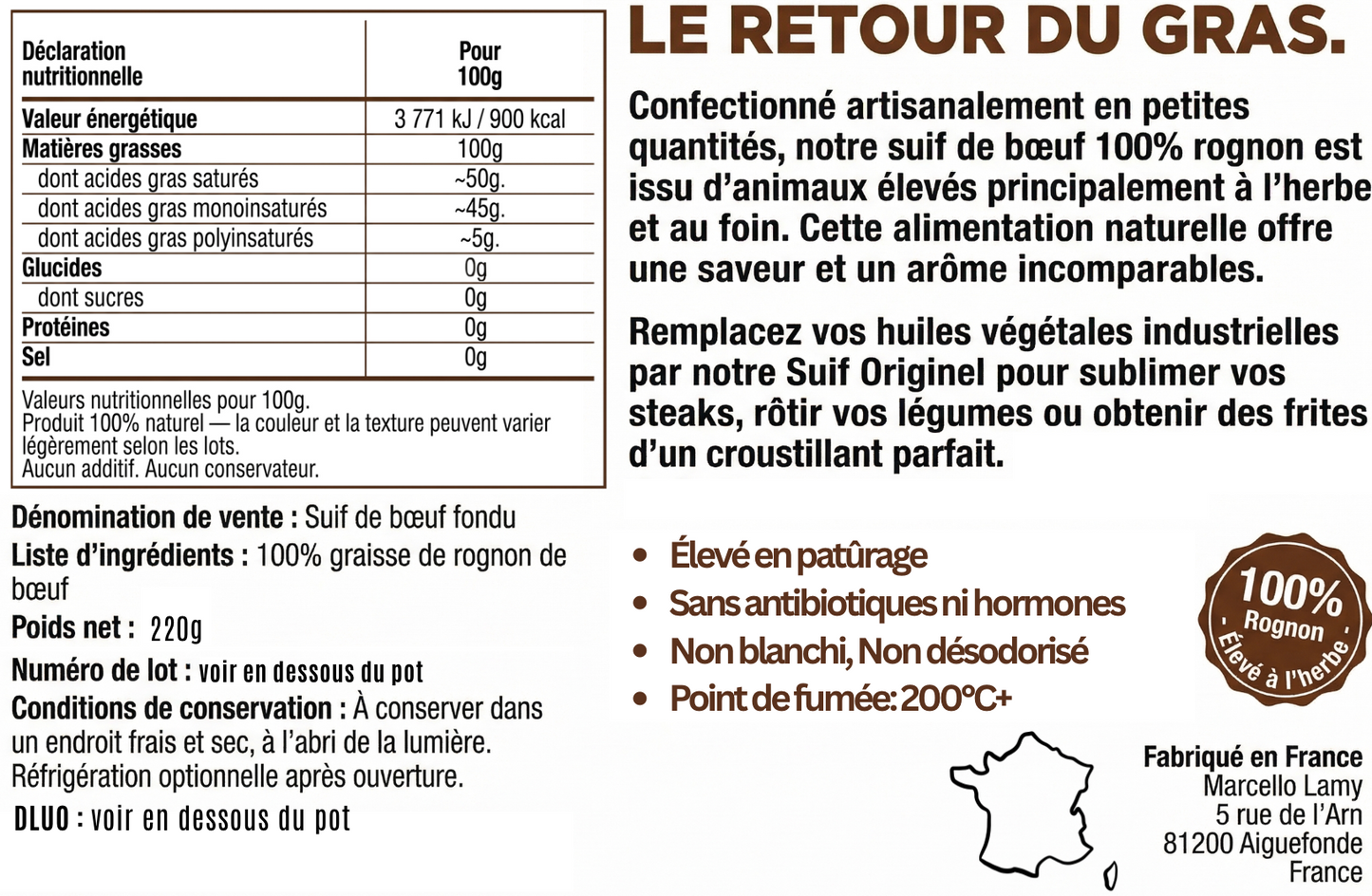 Suif de bœuf alimentaire de pâturage — tallow culinaire artisanal 220g — MARCELLO - composition et indication produit 