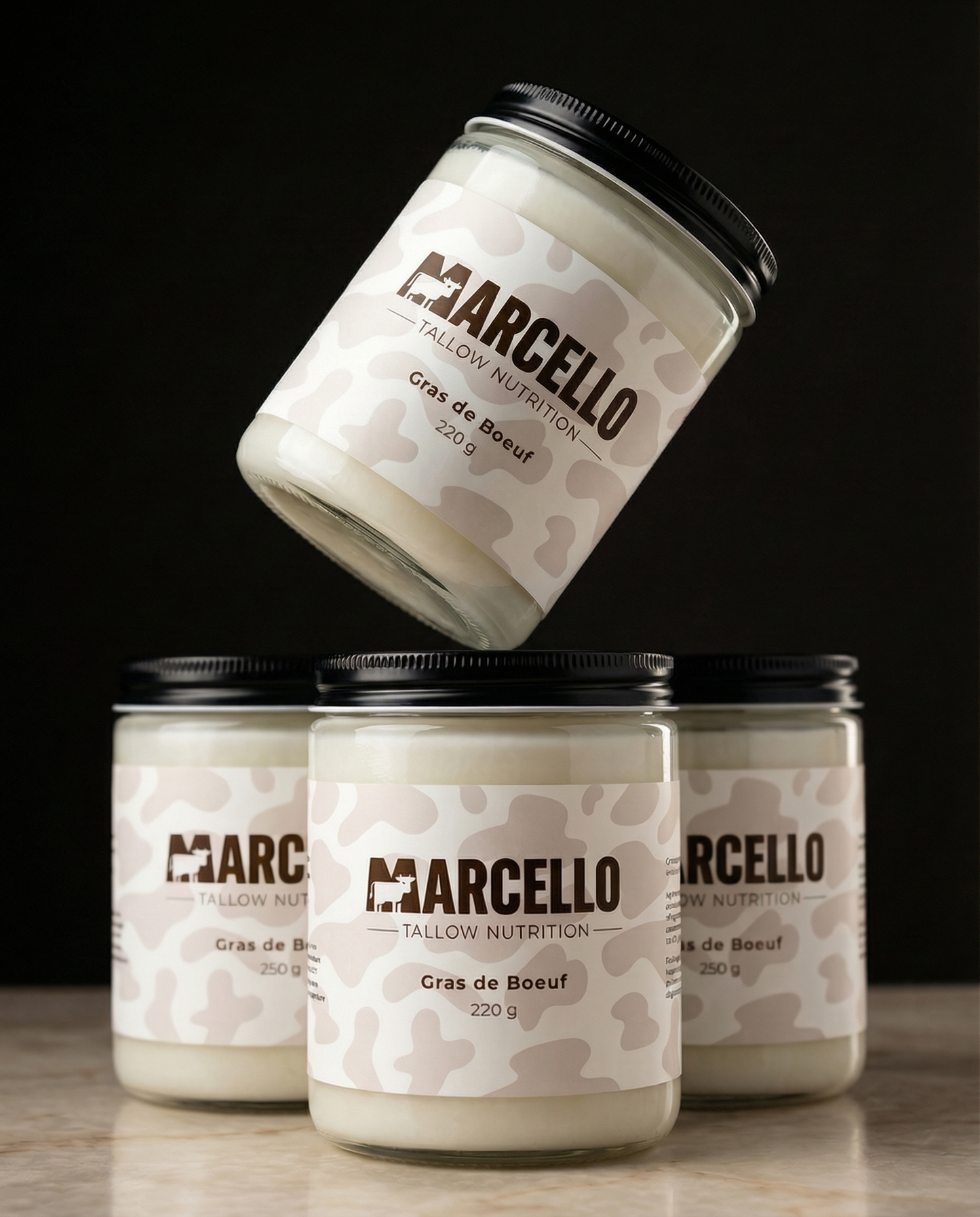 Pot de suif de bœuf clarifié — graisse animale stable pour cuisson — MARCELLO pack de plusieurs pot shooting photo graisse animal de boeuf tallow suif culinaire cuisson cuisine 