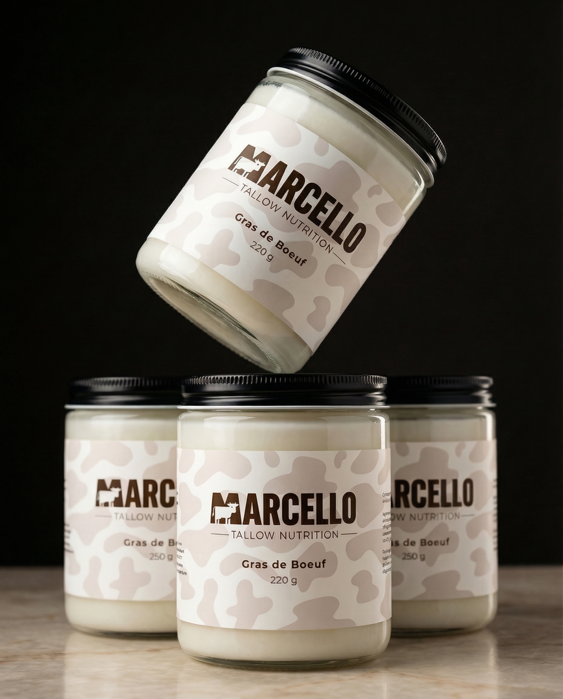 Pot de suif de bœuf clarifié — graisse animale stable pour cuisson — MARCELLO pack de plusieurs pot shooting photo graisse animal de boeuf tallow suif culinaire cuisson cuisine 